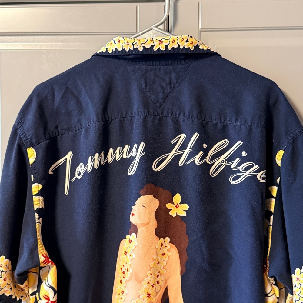 Tommy Hilfiger Vintage Mens Hawaiian Lei Hula‎ Girl Aloha Shirt, Navy Yellow, XL - Picture 7 of 13